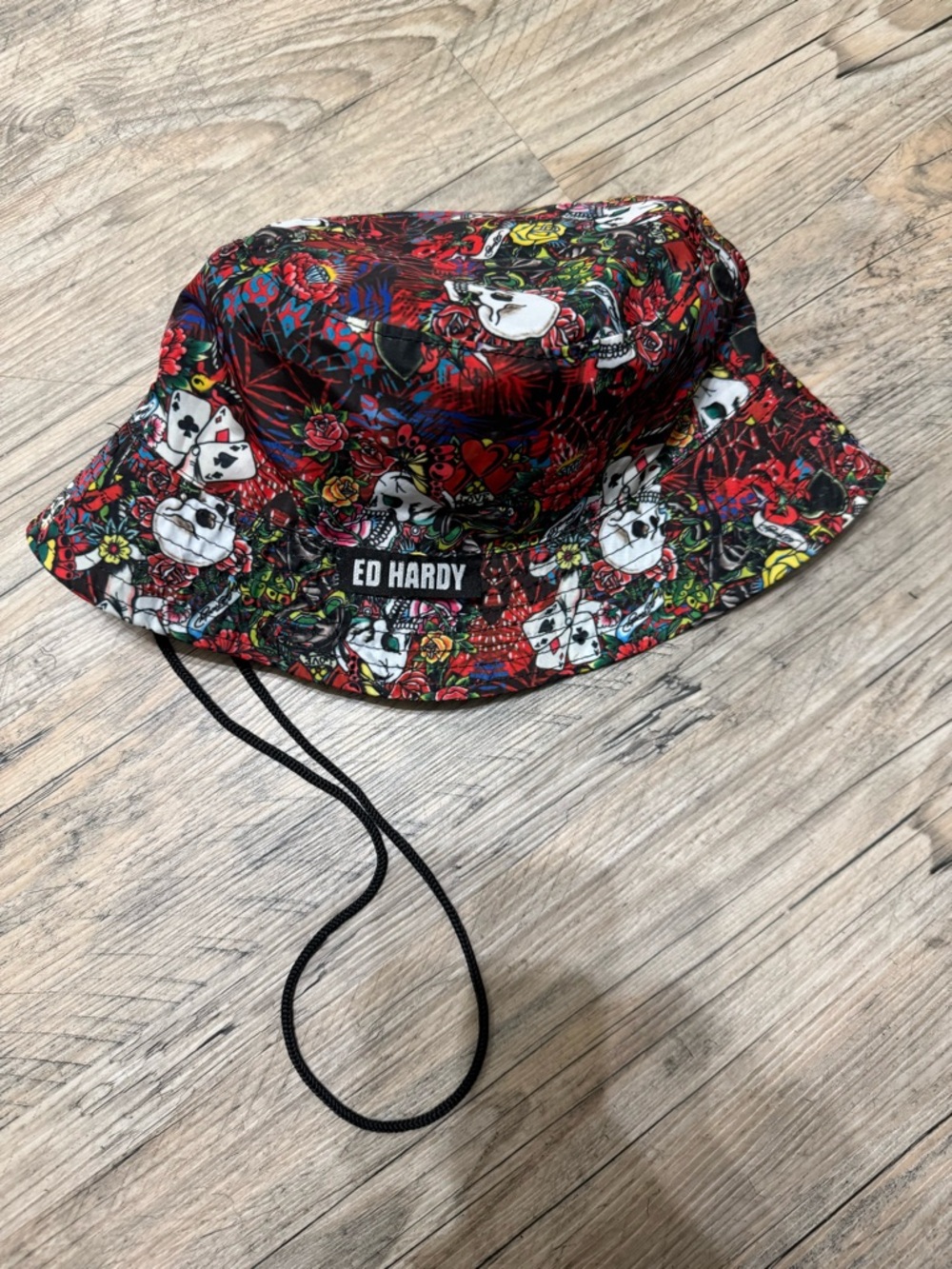 Ed Hardy Red Black Floral Skull Bucket Hat with Chin Cord
